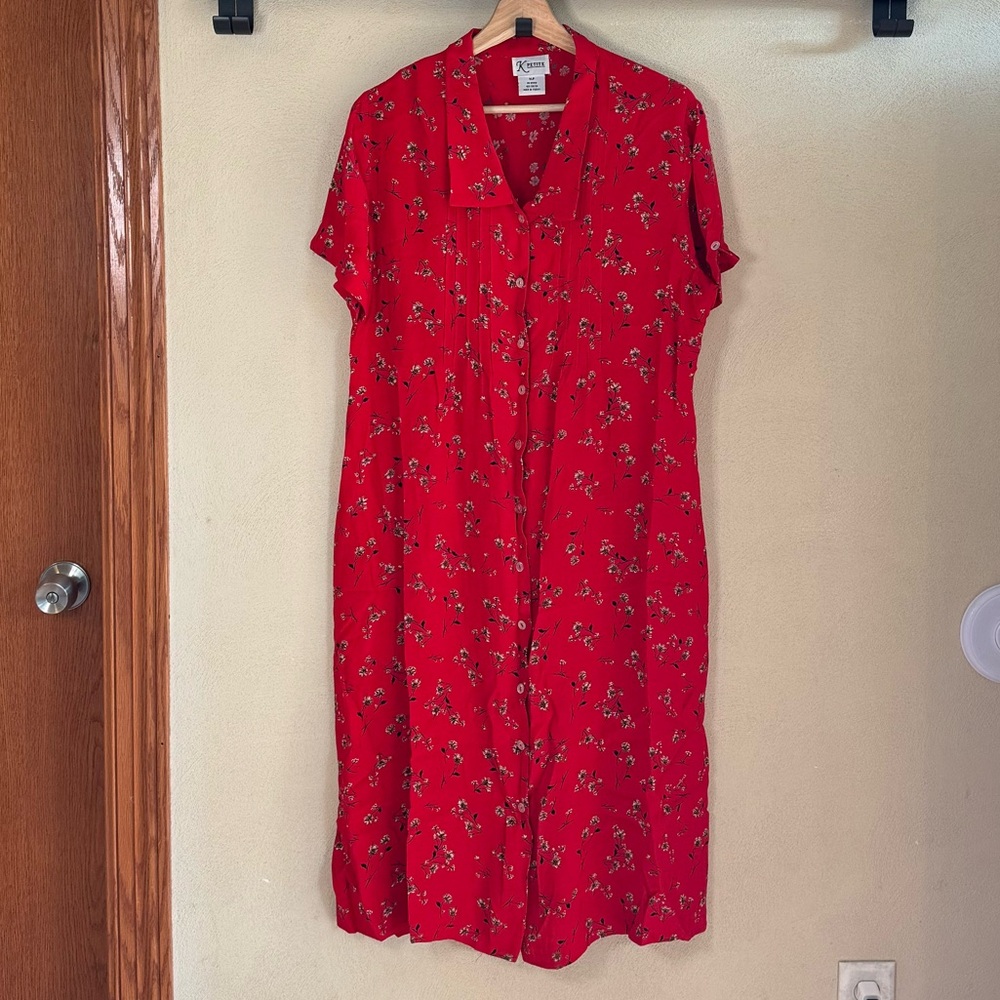 Vintage K Petite 90s Red Brown Floral Midi Short Sleeve Buttons Dress Collar 14P
